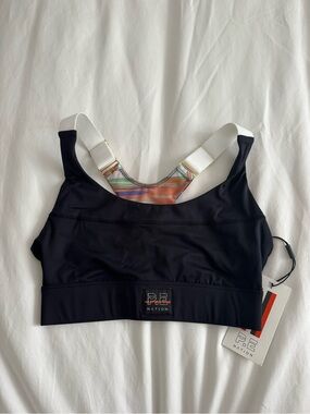 P.E Nation Black Sports Bra with Multicolor Striped Back Panel